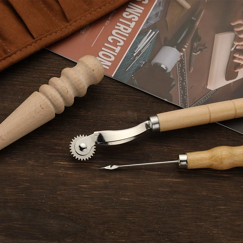 KRABALL Professional Leather Craft Tool Kit Hand Sewing Repair Kit Wax Thread Stitching Punch Carving Work Groover DIY Tool Set view 5