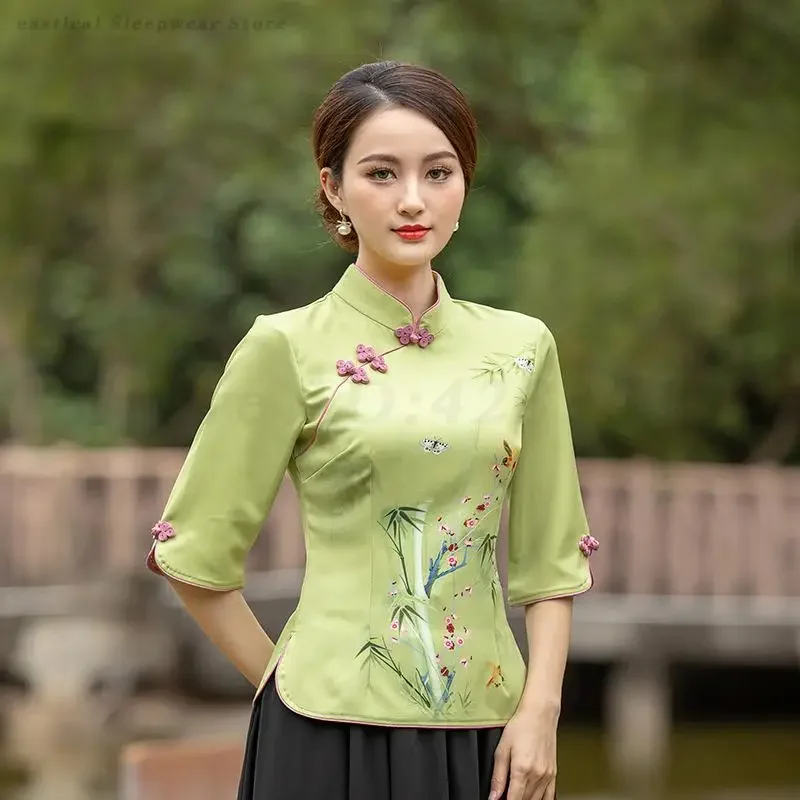 

Blouse Print Flower National Tang Costume 2025 Summer New Cheongsam Shirt Women's Daily Improved Chinese Half Sleeve Vintage Top