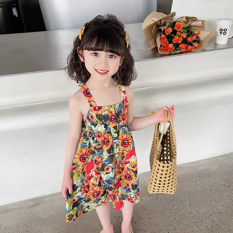 Girls Dress Sweet Oil Painting Floral Print Sling Dress Kids Princess Style Party Dress Picnic Easter Wear Children Clothes