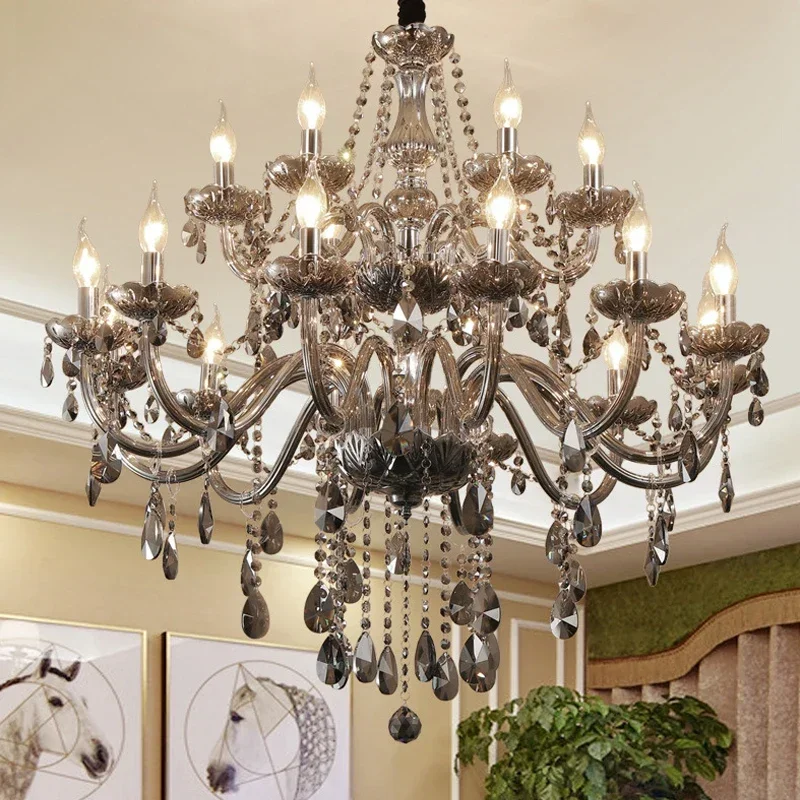 DORIAN européen luxueux cristal suspension lampe fumée gris bougie lampe salon et chambre Restaurant hôtel Villa lustre