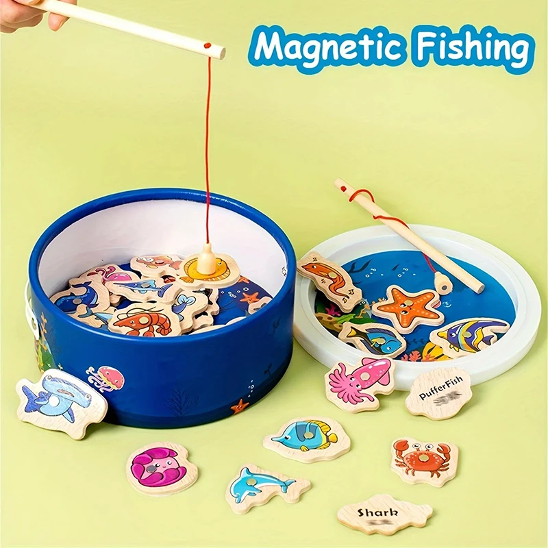 Zabawki wędkarskie Montessori drewniane dla dzieci magnetyczne@Życie morskie poznawcze i gry z rybami interaktywne dla rodziców i dzieci # Zabawka edukacyjna! !