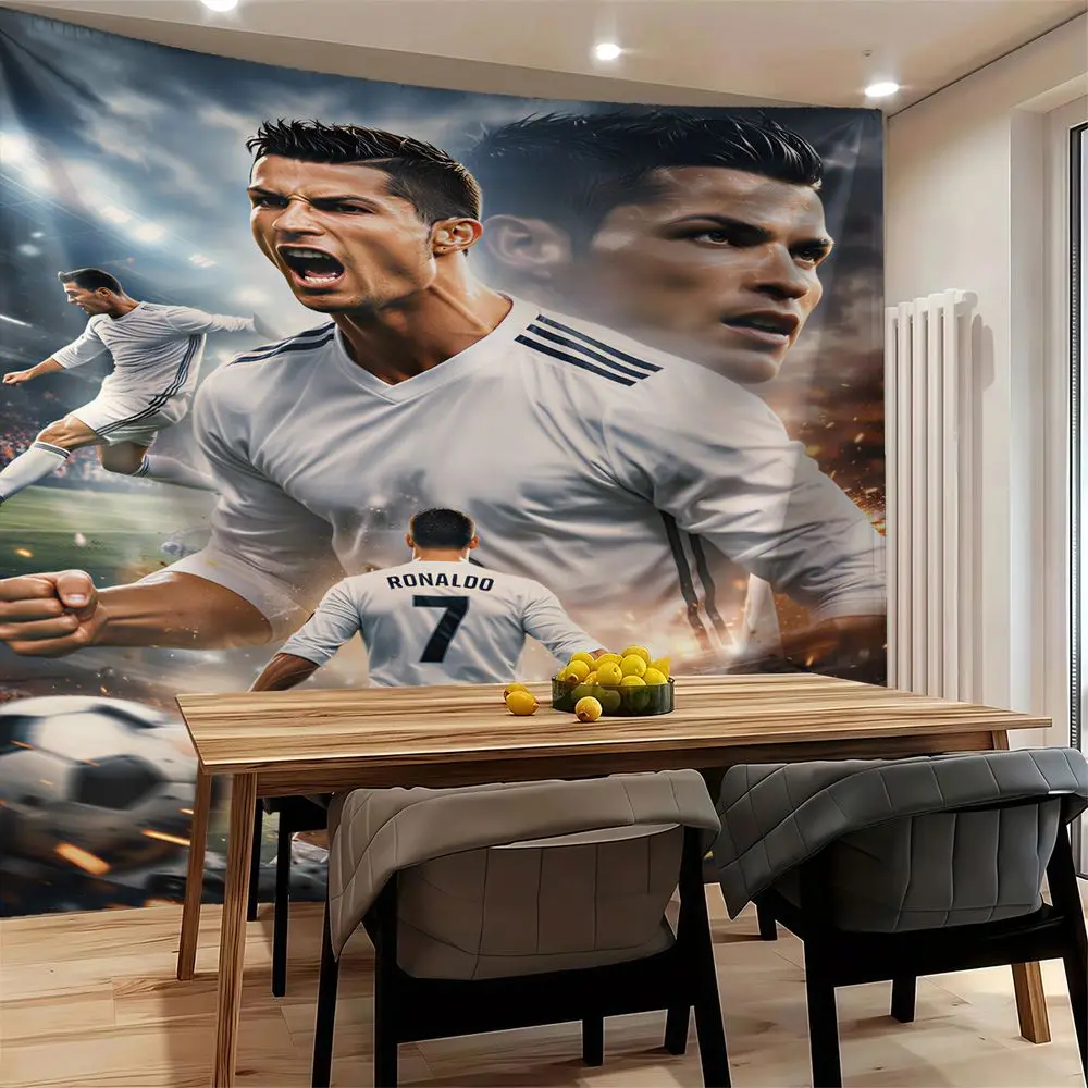 Digital Collage Tapestry Wall Hanging, Dynamic Soccer Player Print Wall Decor for Bedroom Living Room, Vibrant Stadium Backdrop