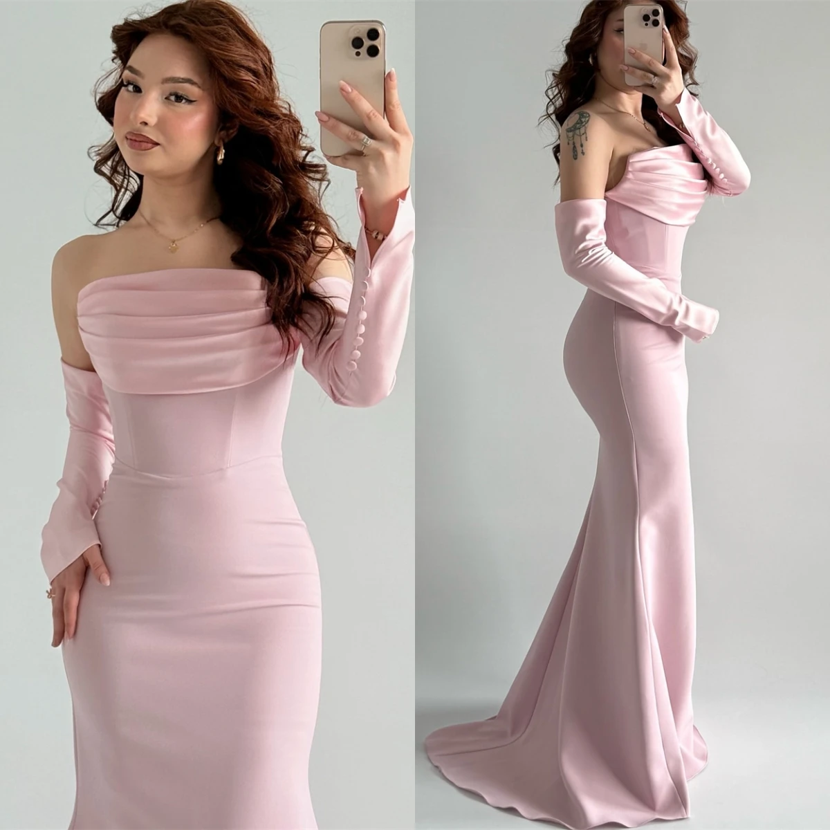 

Customized Simple Pink Jersey Evening Dress Elegant Boat Neck Long Sleeves Celebrity Gowns Delicate Mermaid Buttons Party Dress