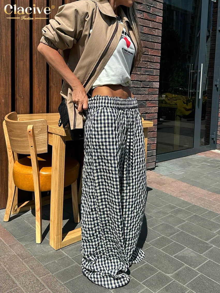 Clacive Fashion Loose Plaid Women Pants 2025 Vintage High Waist Wide Trousers Elegant Classic Full Length Pants Female Clothing