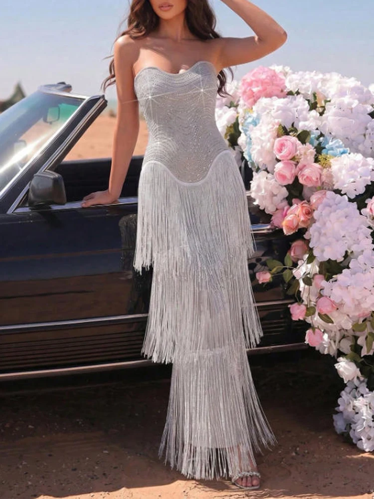 Fashion Layered Tassel Long Dress New Solid Formal Occasion Elegant Dresses Elegant Strapless High Waisted Women's Evening Dress