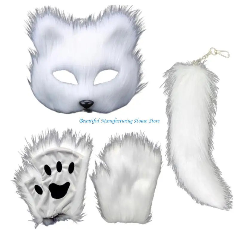 

E56A Foxes Costume Set Paws Gloves Animal Tail Plush Animal Face Cover Halloween Costume Set Foxes Tail for Cosplay Parties