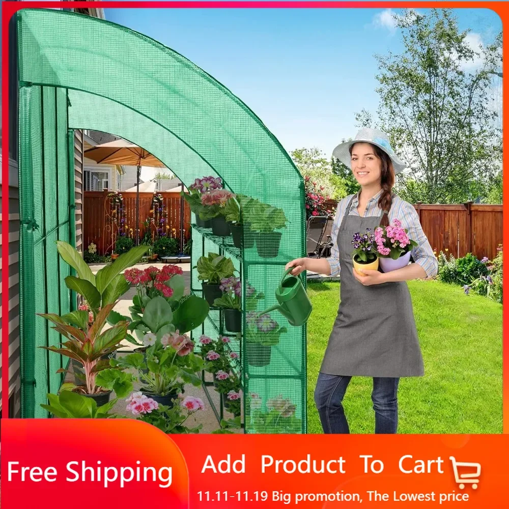 Lean to 3 Tier Greenhouse with Wire Shelves, Portable Indoor & Outdoor Garden Green House with 2 Roll-Up Zipper Doors