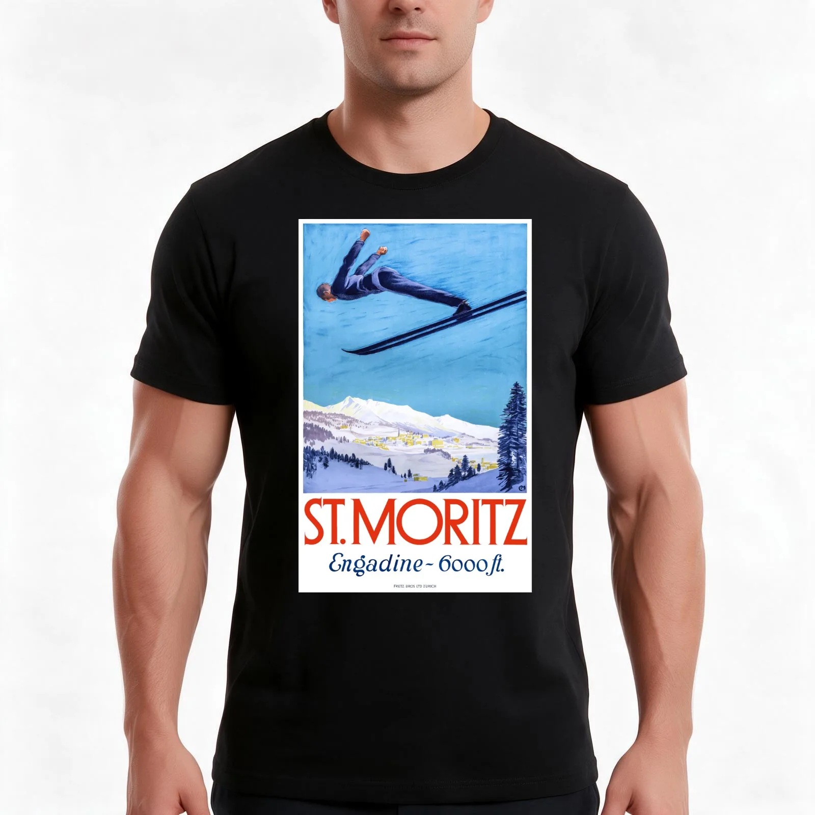 1928 St. Moritz Ski Jumper Switzerland Travel Poster T-Shirt Summer Casual Cotton Tee Oversized Streetwear Tops 100% Cotton