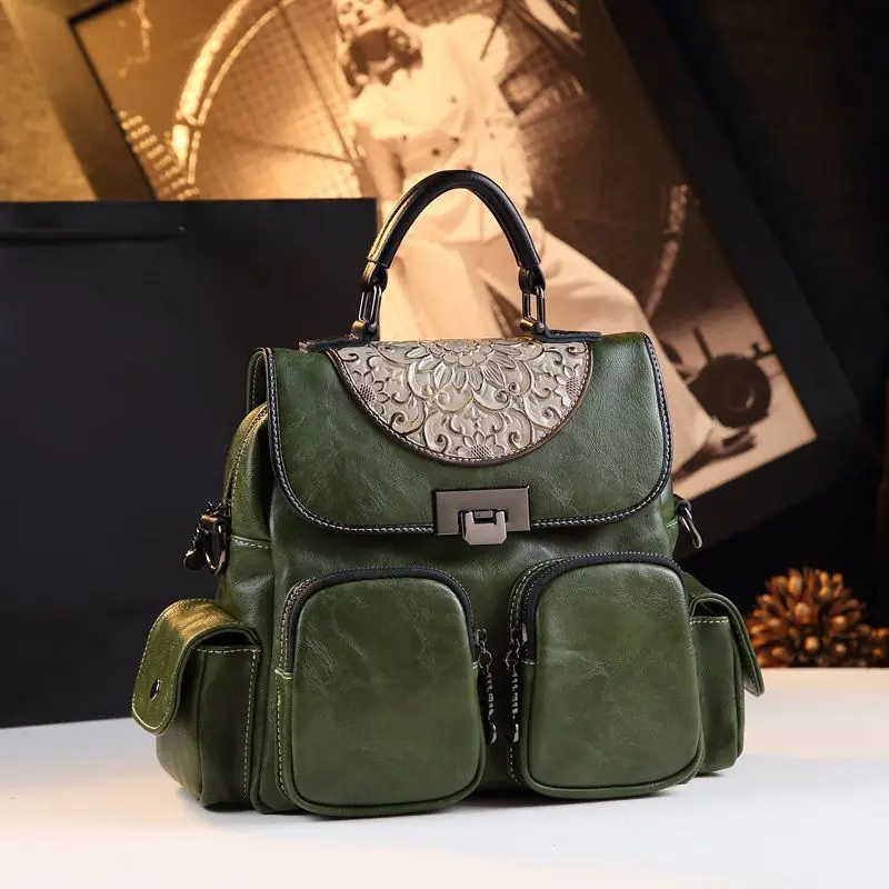 Leather Portable Non-backpack Female Carving Embossed Big Capacity Shoulder Crossbody Pack Versatile Multi-functional Travel Bag