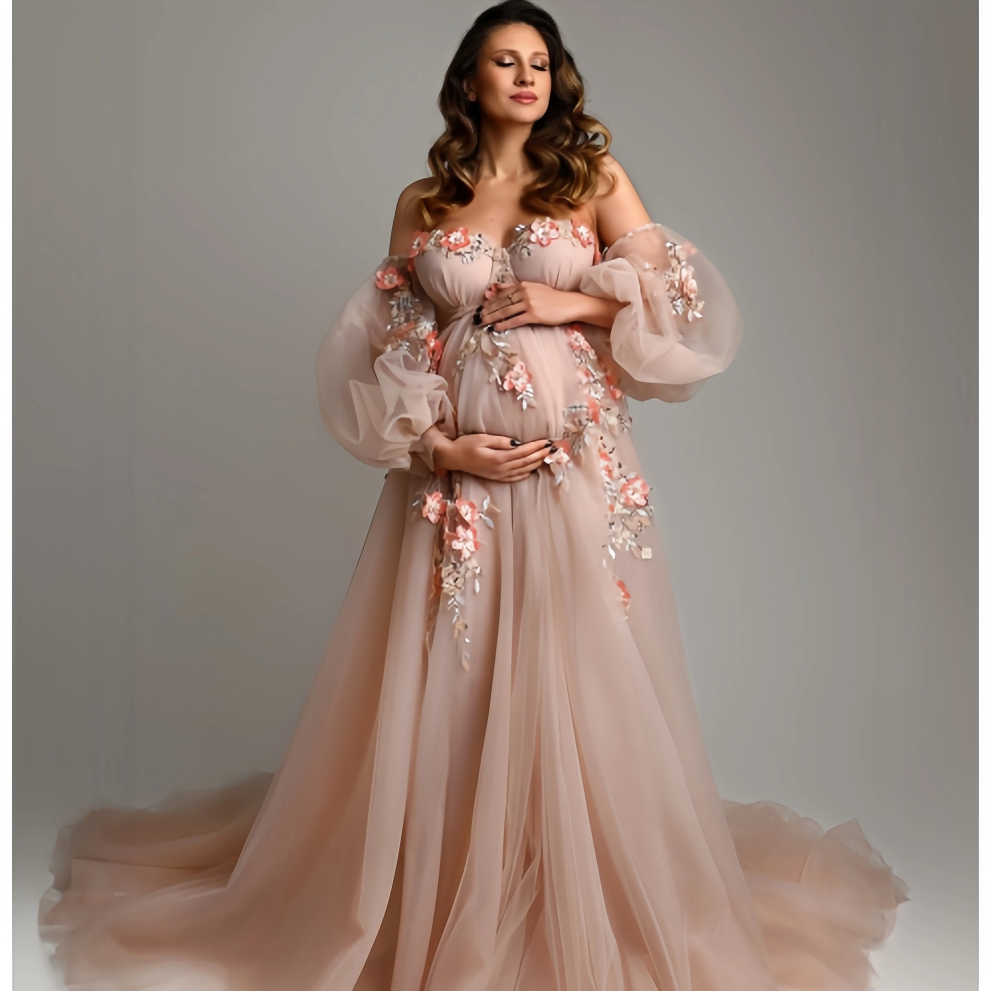 Illusion Maternity Dress for Women  Beading Detachable Sleeves Gala Dress Lace Appliques Tulle Pregnancy Babyshower Gowns