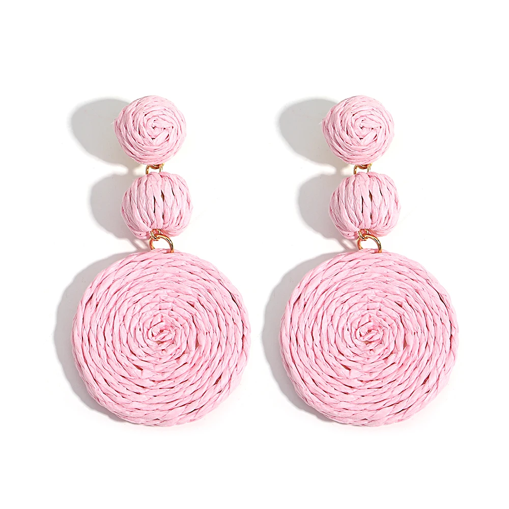 Boho Yellow Raffia Round Drop Earrings for Women