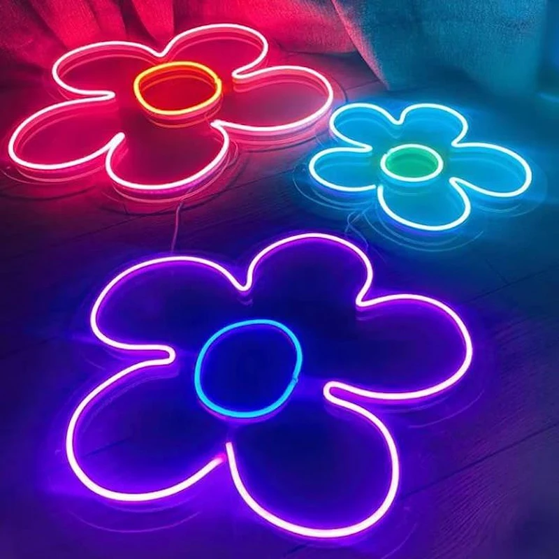 Popping Flowers Neon Sign Custom three colorful flowers Lights For Home Room Club Bar Parties Christmas Wall Decor Led Neon Sign