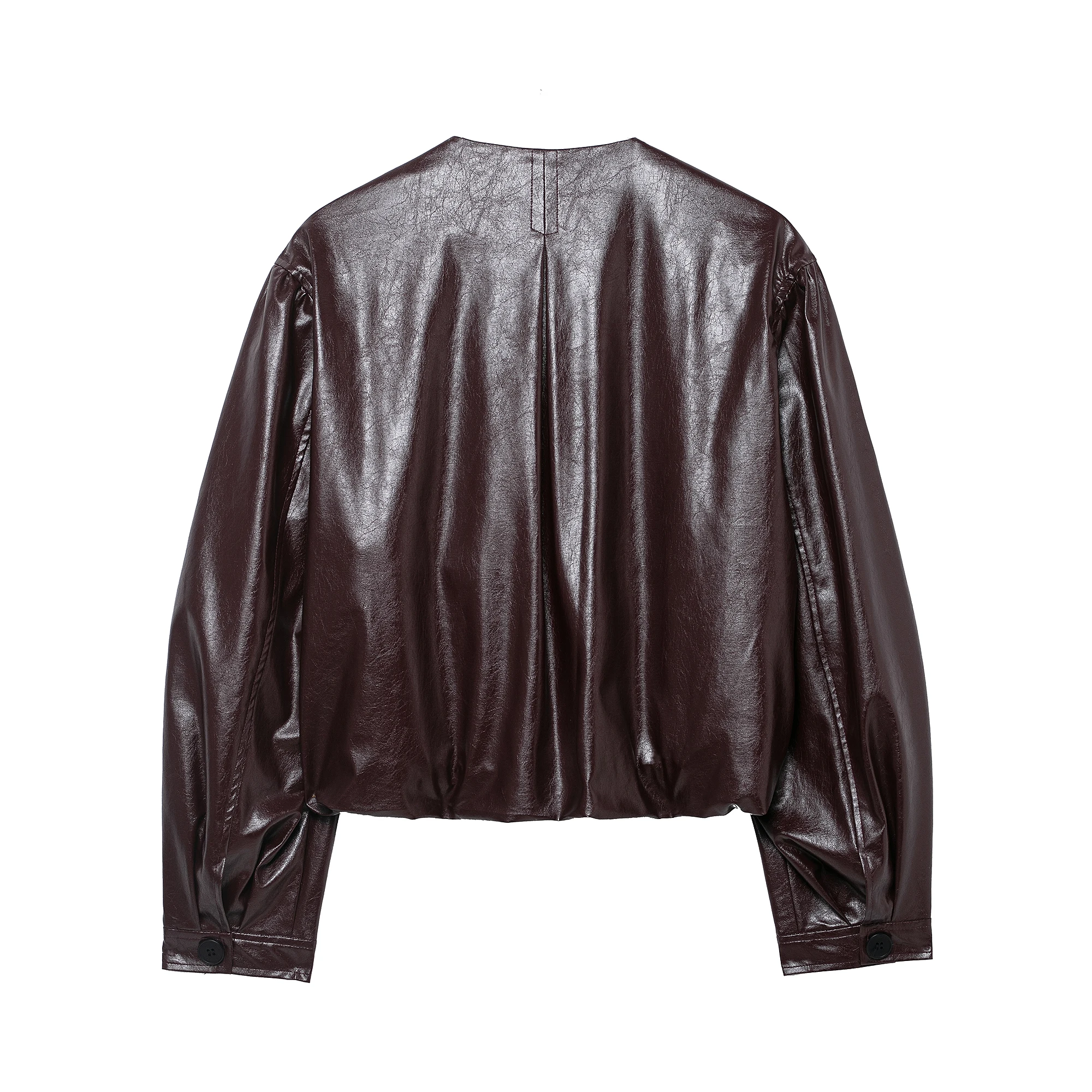 DUOPERI Women Fashion PU Coffee Bomber Jackets Casual O-Neck Long Sleeves Coats Female Elegant Chic Lady Outfits