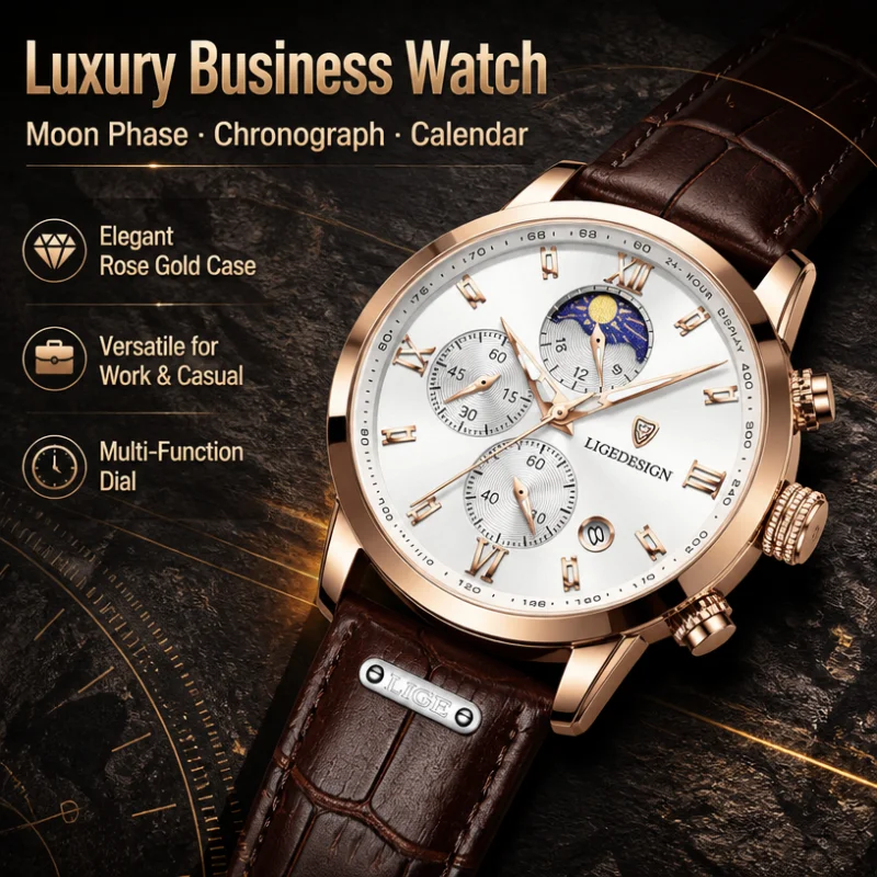 

LIGE Man watch fashion business calendar luminous quartz clock moon phase waterproof casual sports mens wristwatch reloj hommes