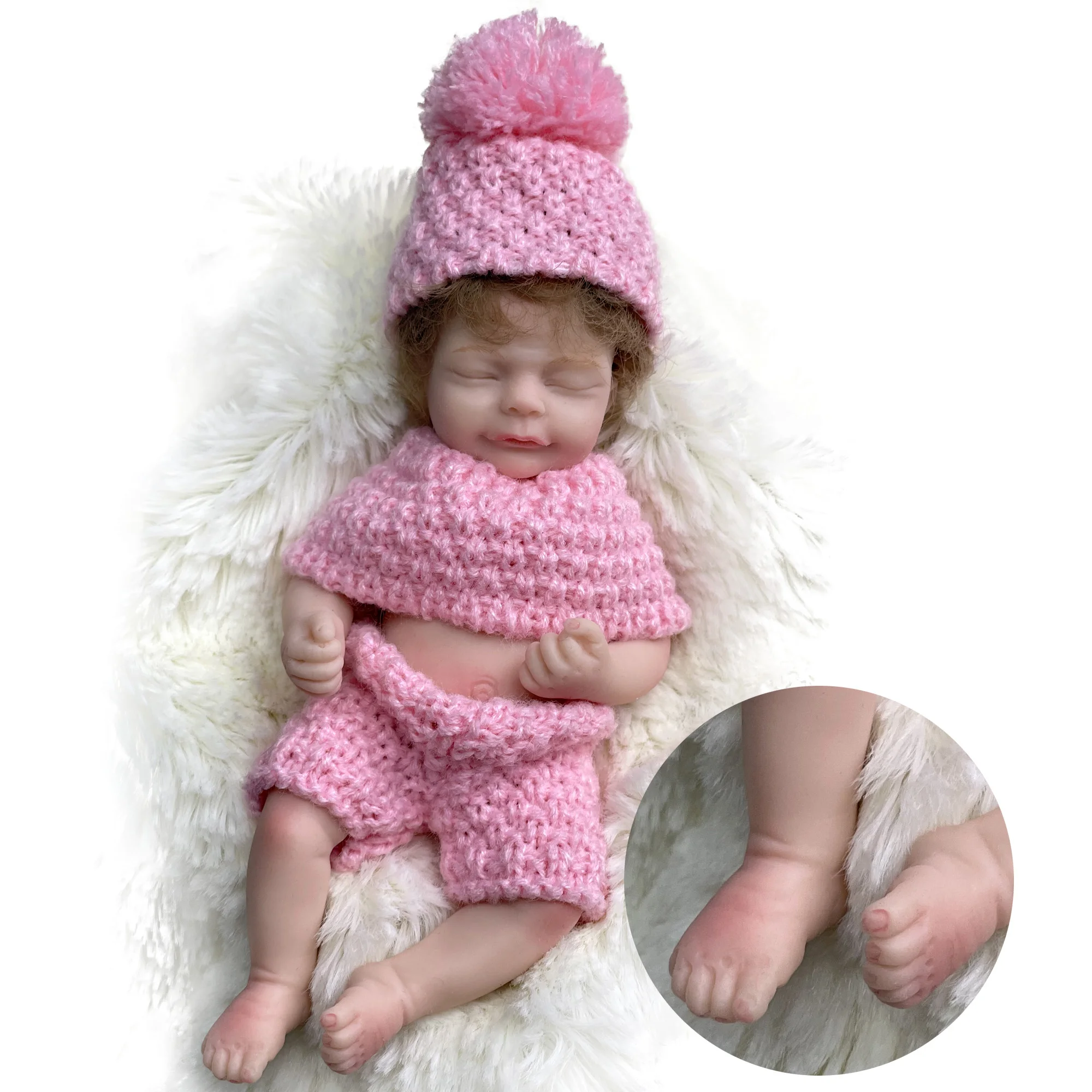 6 Inch Finished Mini Palm Bebe Kit  Full Body Solid Silicone Curly Hair Sleeping Girl Reborn Doll Muñecas Reborn De Silicona