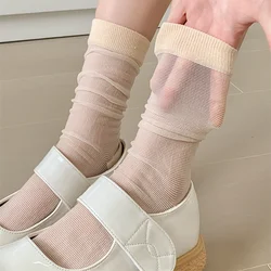 Solid Color Women Socks Summer Ultra-thin Transparent School Girls Loose Long Socks Hollow Out Mesh Breathable Black White Socks