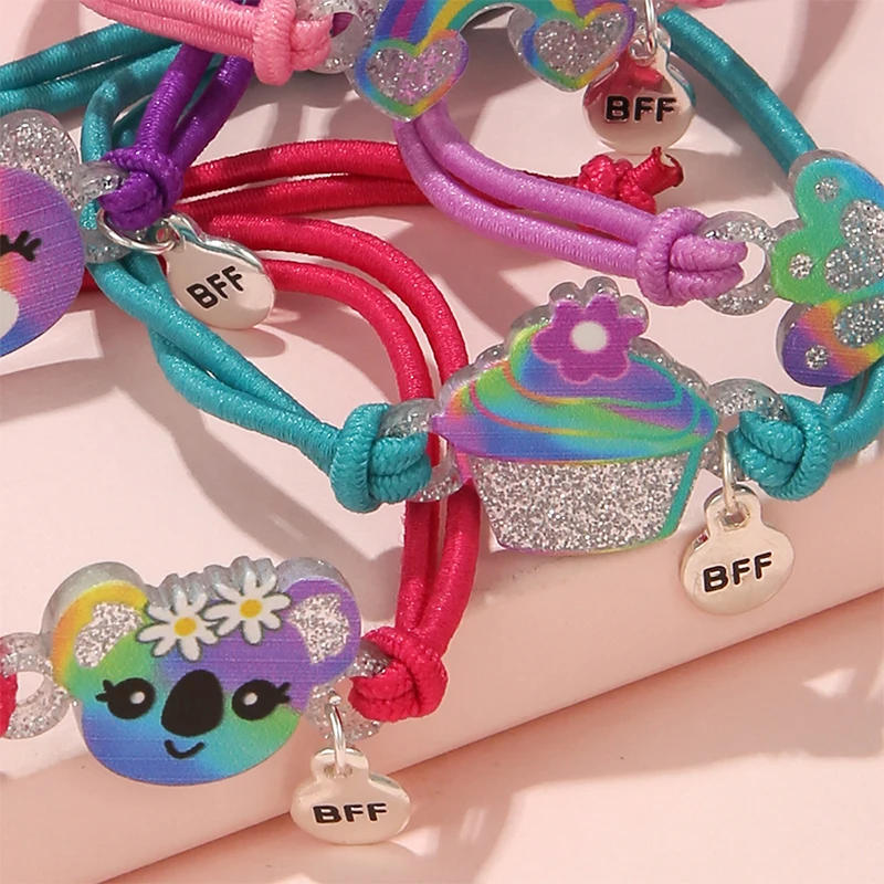 5Pack Cute Unicorn Donut Rainbow Bear Butterfly Charm Elastic Rope Bracelet for Girl Hairband Use Friendship BFF Gifts