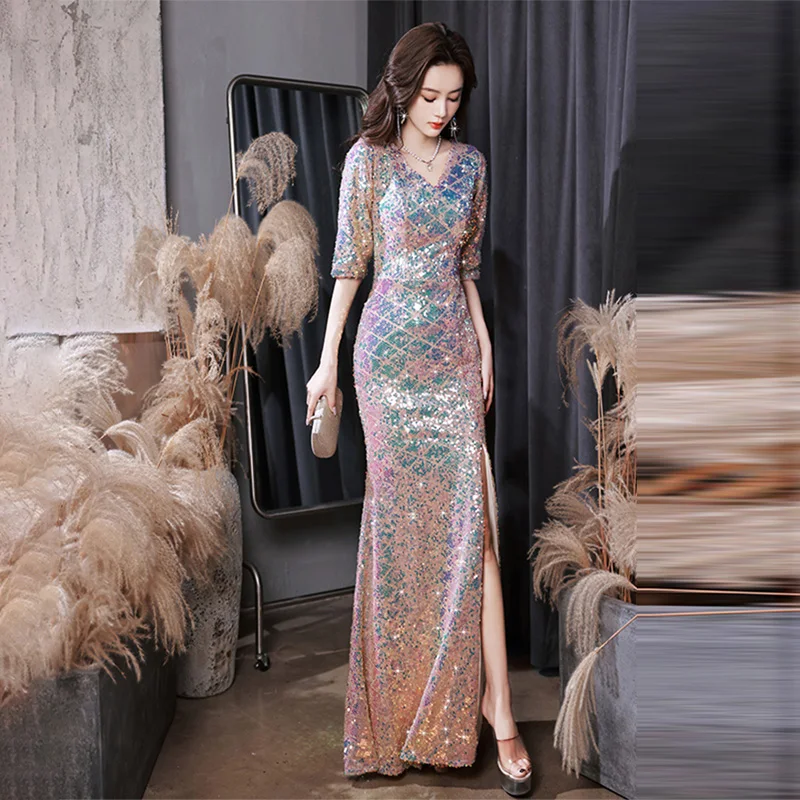 

It's Yiiya Customized Evening Dress V-Neck Sequins Zipper Mermaid Half Sleeves Floor-Length Plus size Woman Party Formal Gowns