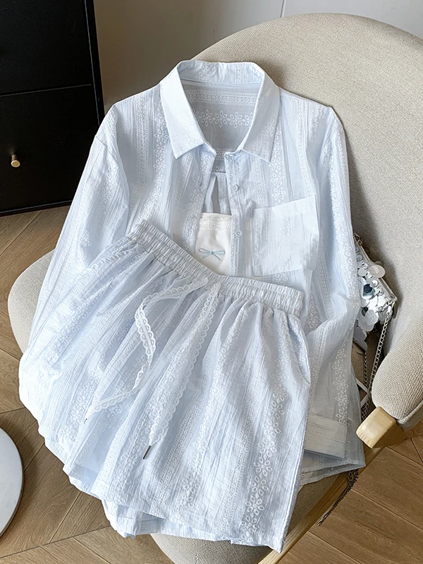 

Women's Summer Fashionable Casual Three-Piece Set Sun Protection Sporty Shirt And Short Shorts Polyester Fiber Long Sleeve