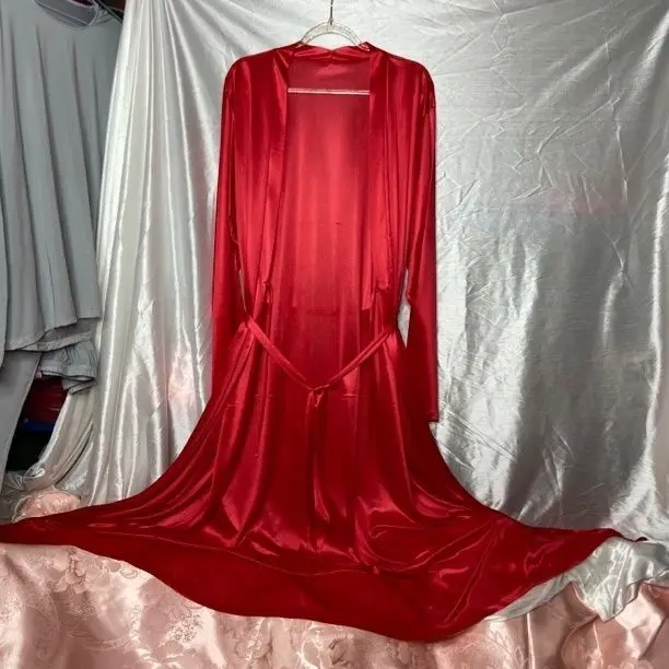 Glossy Sexy Women Satin Maxi Robe V Neck Long Sleeve Sashes Loose Long Dress Plus Size Sleeping Gown