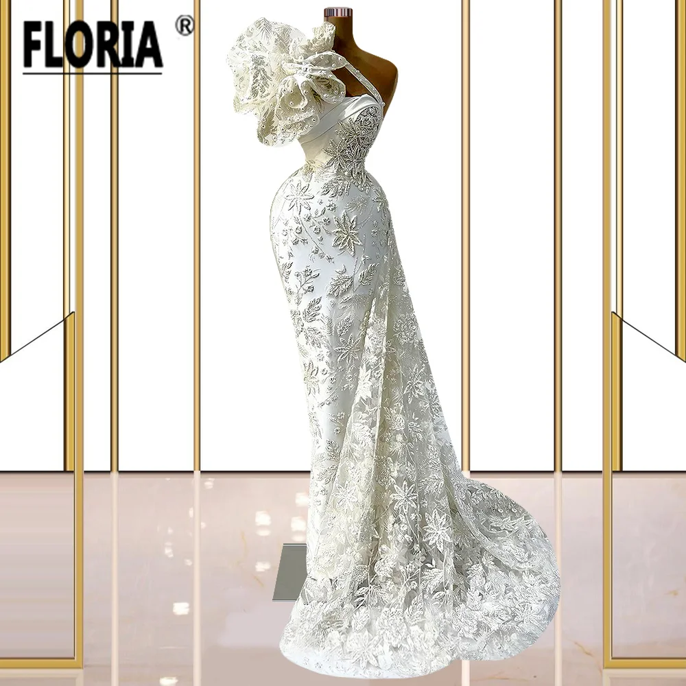 Luxo Dubai Muçulmano Vestido De Noiva Pérolas Um Ombro Vestido De Noiva Vestido De Noiva Frisado Lace Apliques Sereia Mulher Robe de Mariee