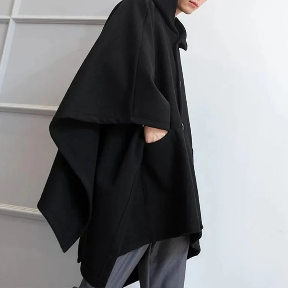 Mens Dark Style Mid-Length Casual Hooded Cape Autumn And Winter Genderless Fashion Retro Loose Solid Color Shawl Cape Unisex