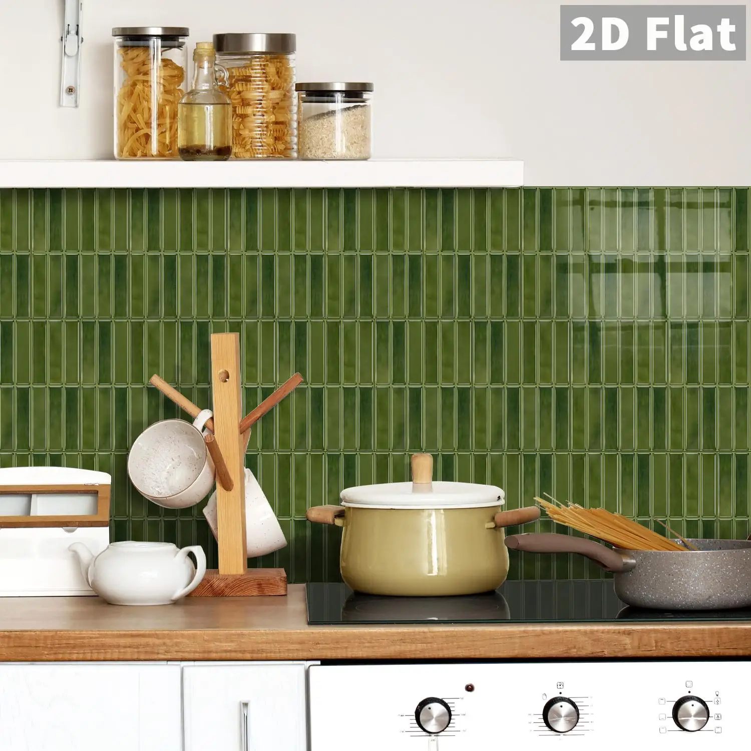 14pcs Self-adhesive wall tile stickers, olive green strip mosaic tile pattern