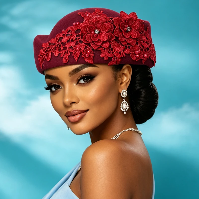 Luxury Ladies Felt Church Hat Vintage British Lace Flower Pearl Beret For Wedding Party Headpiece African Geles Bonnet Hijab Cap