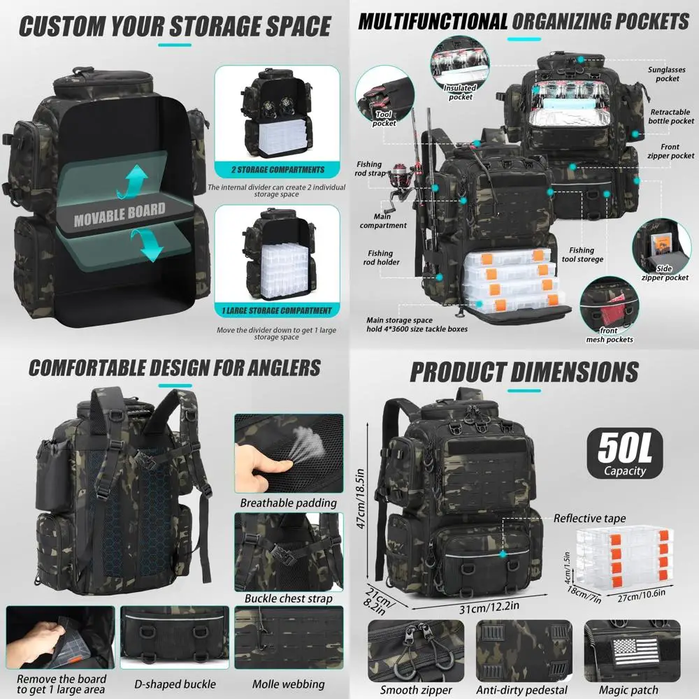 Mochila táctica para aparejos de pesca con 4 cajas de aparejos, soportes para cañas, portabotellas, bolsa de pesca duradera de almacenamiento grande de 50 L, tienda F