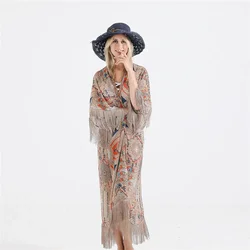 2021 Retro Printed Half Sleeve Chiffon Cardigan Kimono Boho Fringed Tassels Bikini Cover Up Ankle Length Cape Beach Swimsuit