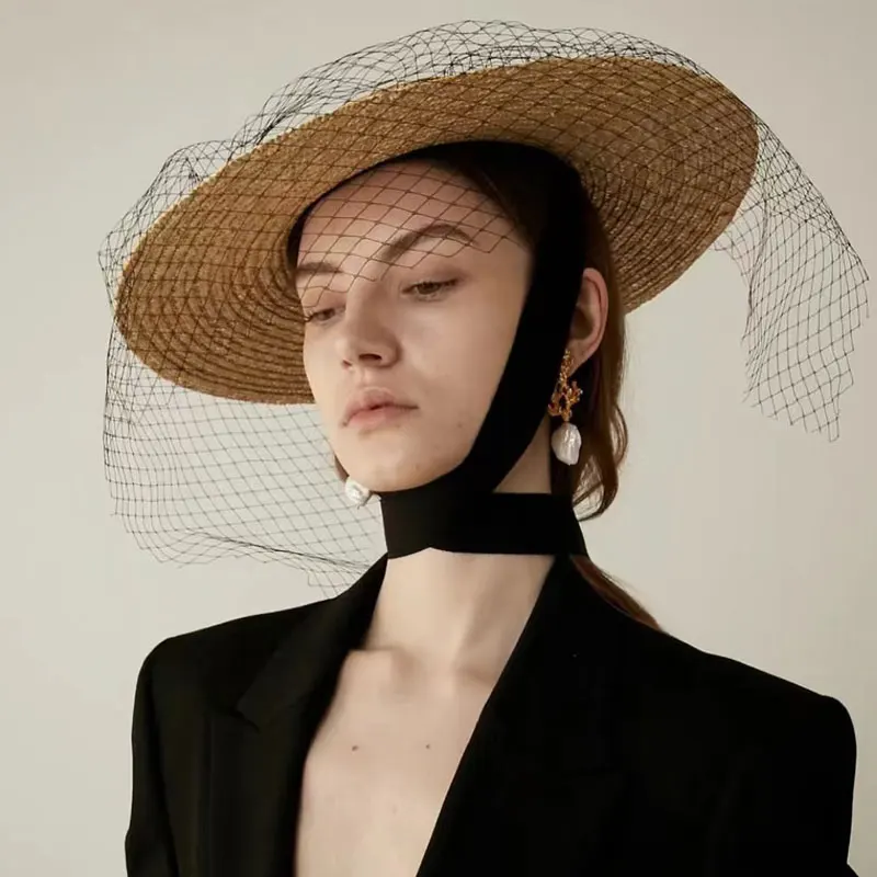 Europejski amerykański Vintage lato modna siatka lekka góra Handmad słomkowy kapelusz panie francuski elegancki kapelusz na plażę dla kobiet Sunhat