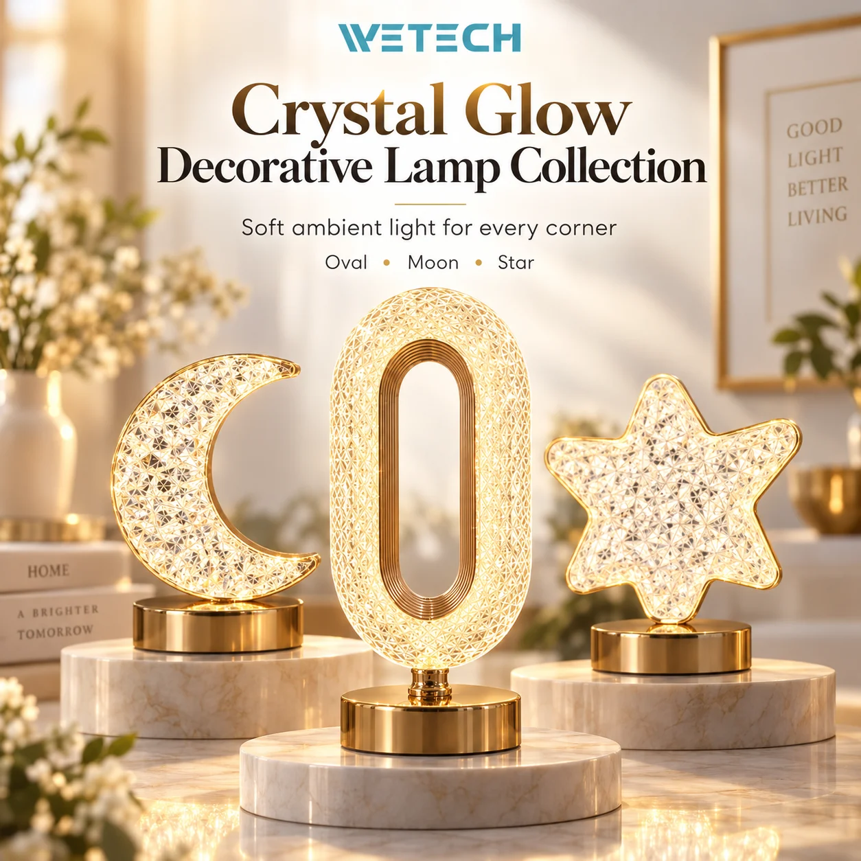 Collection de lampes décoratives WETECH Crystal Glow, lampe de table ovale en forme de lune et d'étoile avec base dorée, éclairage d'ambiance chaleureux pour chambre, salon, mariage et décoration intérieure.