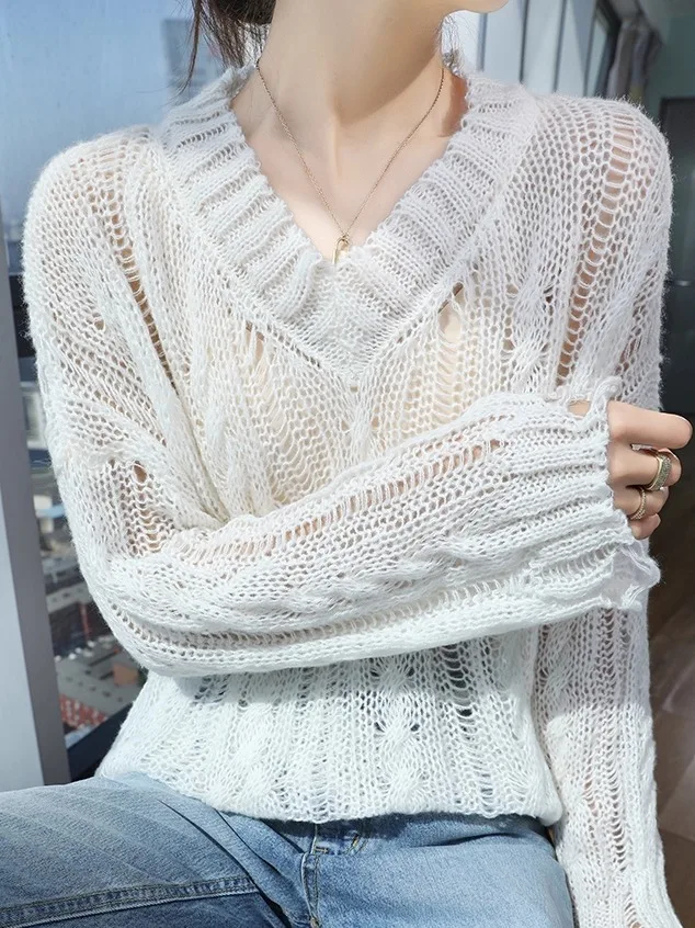 

Fashionable Hollow out Soft Woolen Sweater Women's Loose Large V-Neck Lazy Style Knitted Top Elegant Early Autumn Apparel