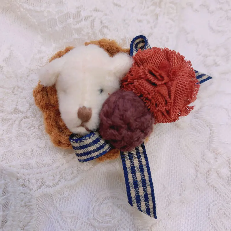 Johnature Mori-broche de cabeza de oso hecho a mano con flores tejidas de hilo, accesorios para perros, ramillete, lindo, reductor de edad