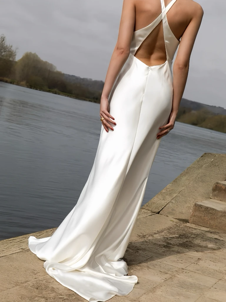 High-end branco cetim vestidos de noite halter sem costas longo casamento praia férias celebridade cerimônia de formatura vestidos novo 2025