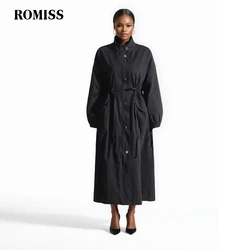 ROMISS Solid Patchwork Drawstring Trench For Women Lapel Long Sleeve Spliced Button Loose Straight Split Coats Female Fashion Ne