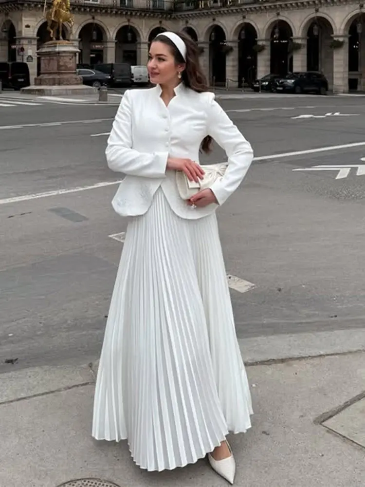 

Embroidery Coat Skirt Suit Women Elegant Single Breasted Stand Collar Blazer Pleated Half Skirts Lady 2 Pcs Set 2025 Streetwear