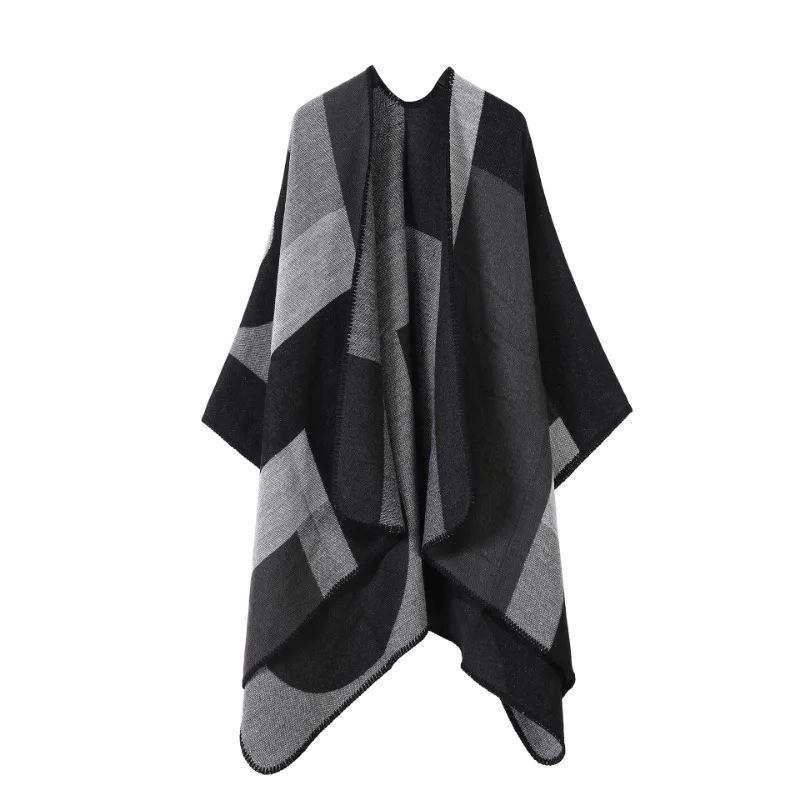 Gradient Colors Shawl Capes Printed Plaid Cardigan Loose Poncho Blanket Women Faux Cashmere Cloak Big Pendulum Out Streetwear