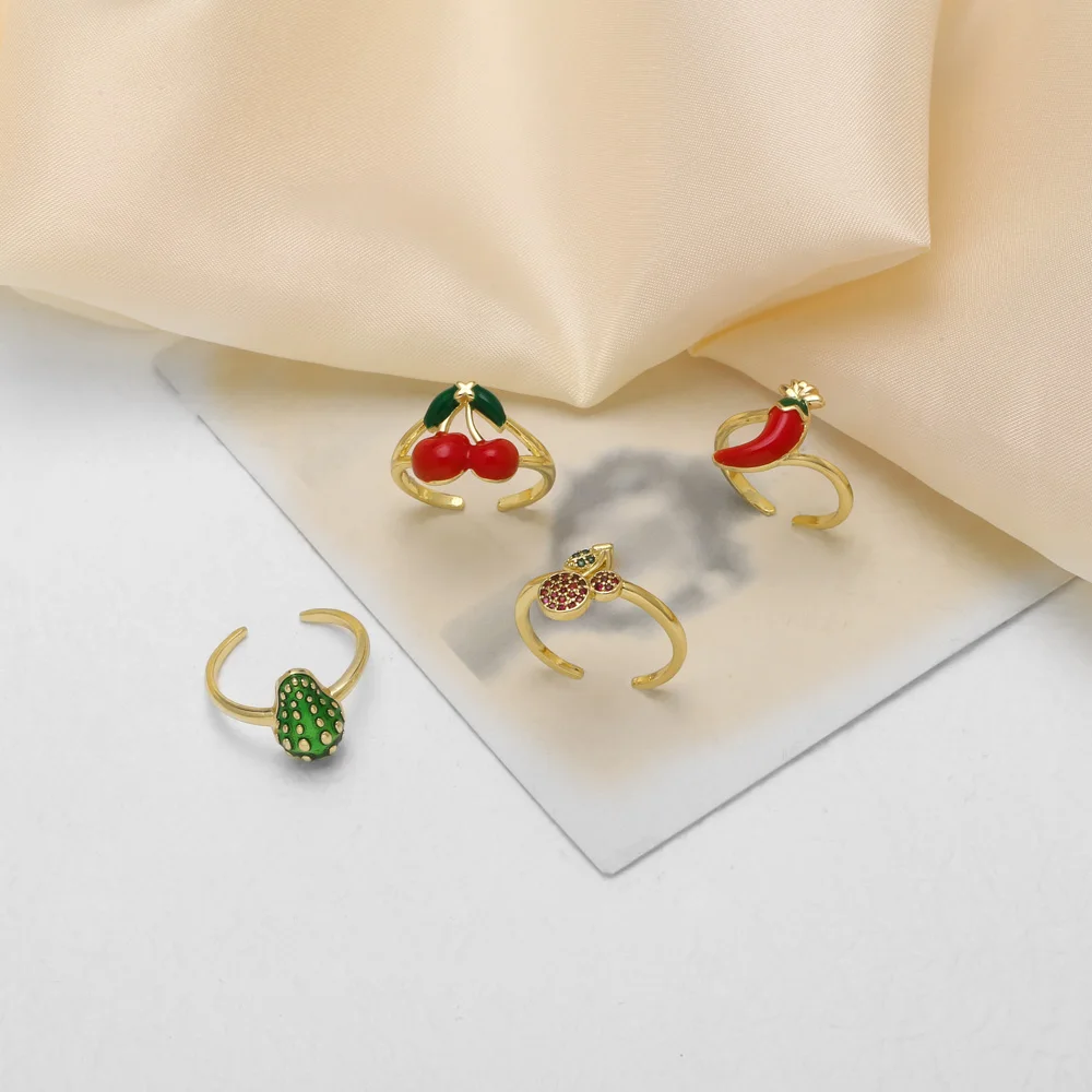 OCESRIO Red Enamel Cherry Chili Statement Women Ring Copper Gold Plated Crystal Cherry Avocado Open Ring Fashion Jewelry rign65