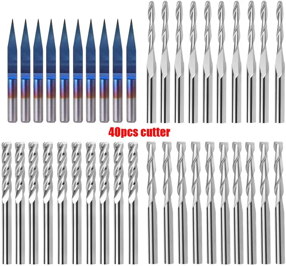 3.175mm  End Mill Bits 40 Pieces CNC Router Bits Cutter Cutting Milling Tool Mini PCB End Mill Carbide Rout CNC End Mill Set