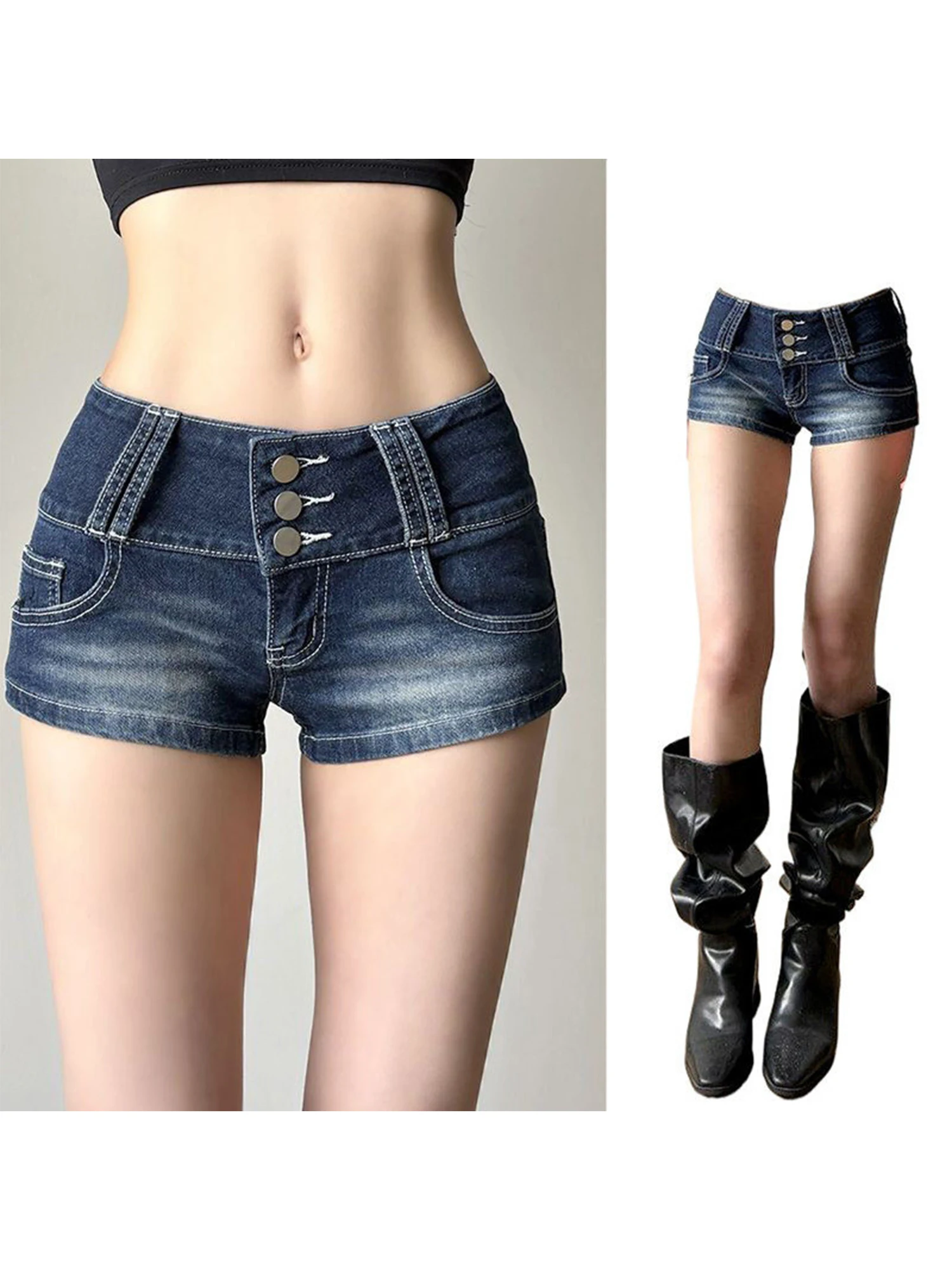 Women Low Rise Mini Denim Shorts American Y2K Gyaru Micro Cowboy Pants Retro Stretch Skinny Nightclub Hot Pants for Women Summer