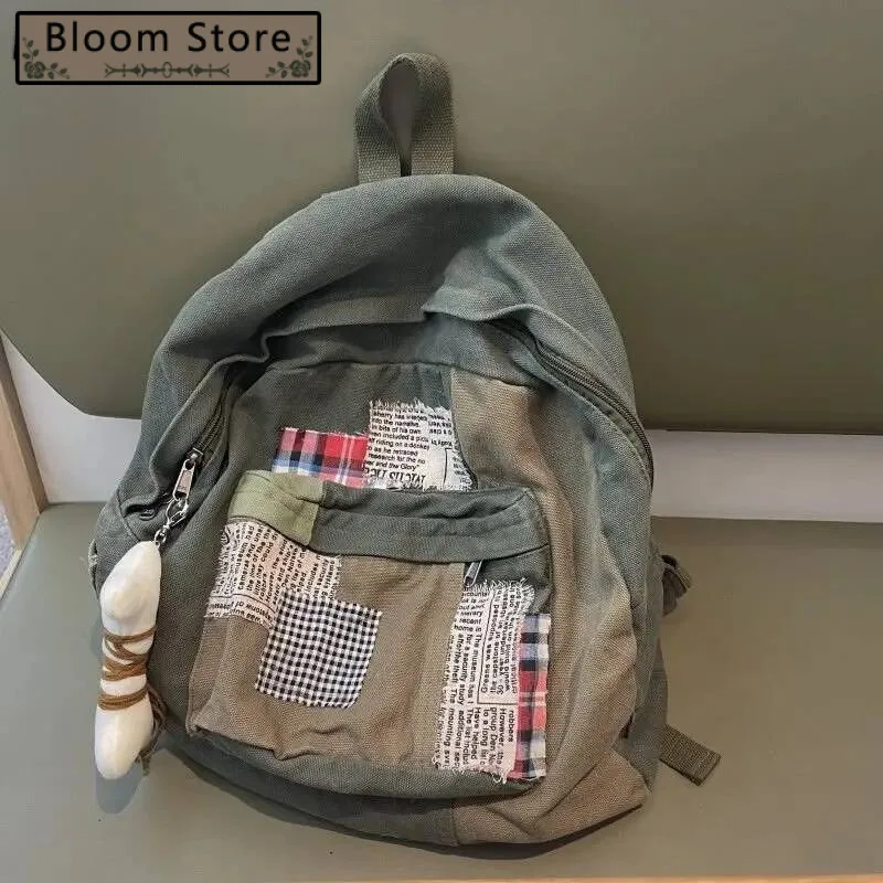

Patchwork Vintage Y2k Aesthetic Canvas Bags Grunge Simple Japanese Students Backpacks Women All Match Trendy Pendant Schoolbags