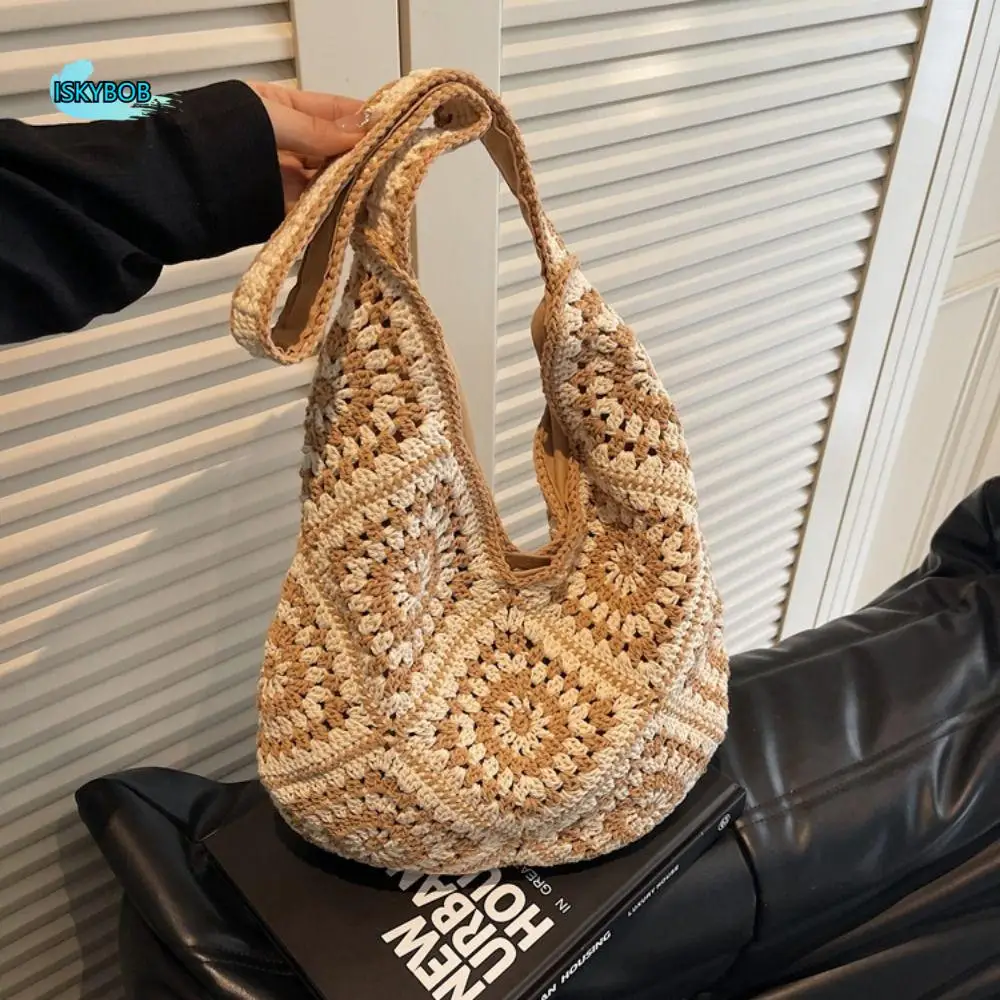 

Simple Shoulder Bag Knitted Bag Bohemian Hollowed Out Weave Bag Storage Bag Large Capacity Crochet Tote Bag Vacation