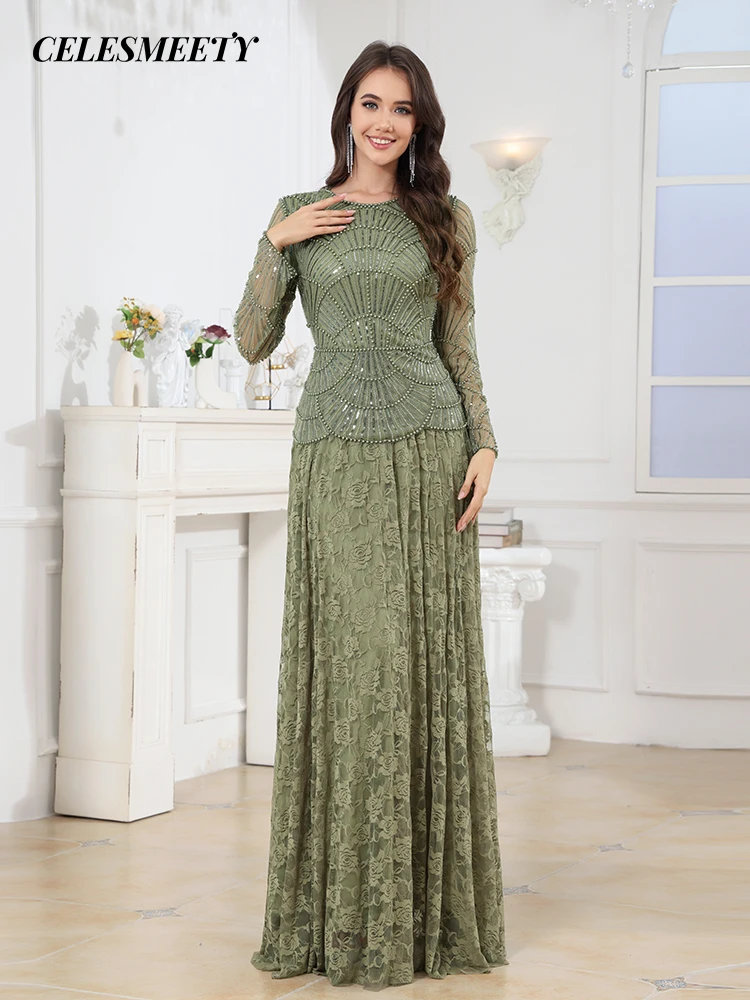 Elegantes, mit Pailletten besticktes, langärmeliges, grünes Chiffon-Spitzen-Maxikleid mit Rundhalsausschnitt, Abendkleid, Kleid für Hochzeitsgäste