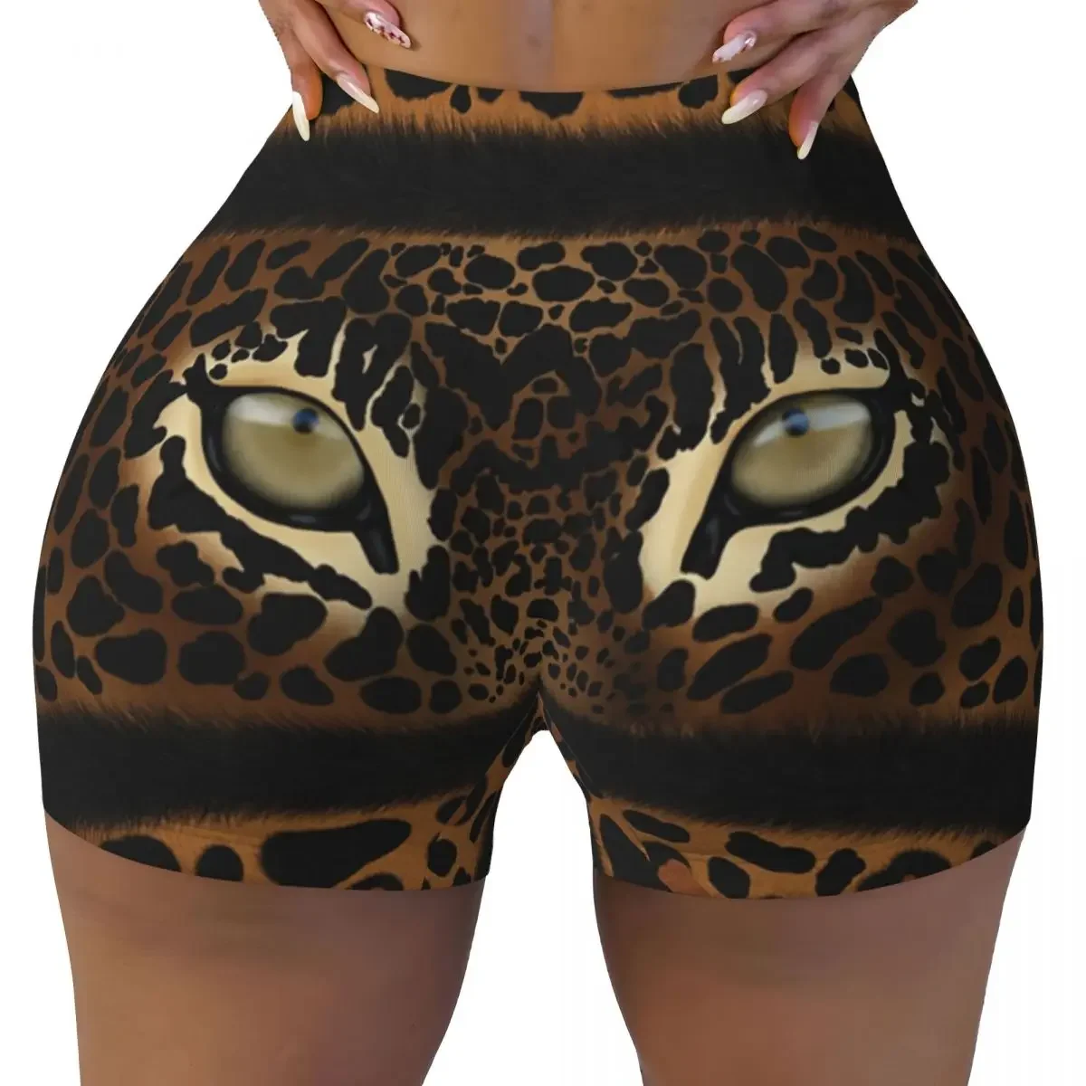 Personalizado marrom animal leopardo impressão motociclista correndo shorts de ginásio para mulheres olhos de leopardo treino atlético yoga shorts
