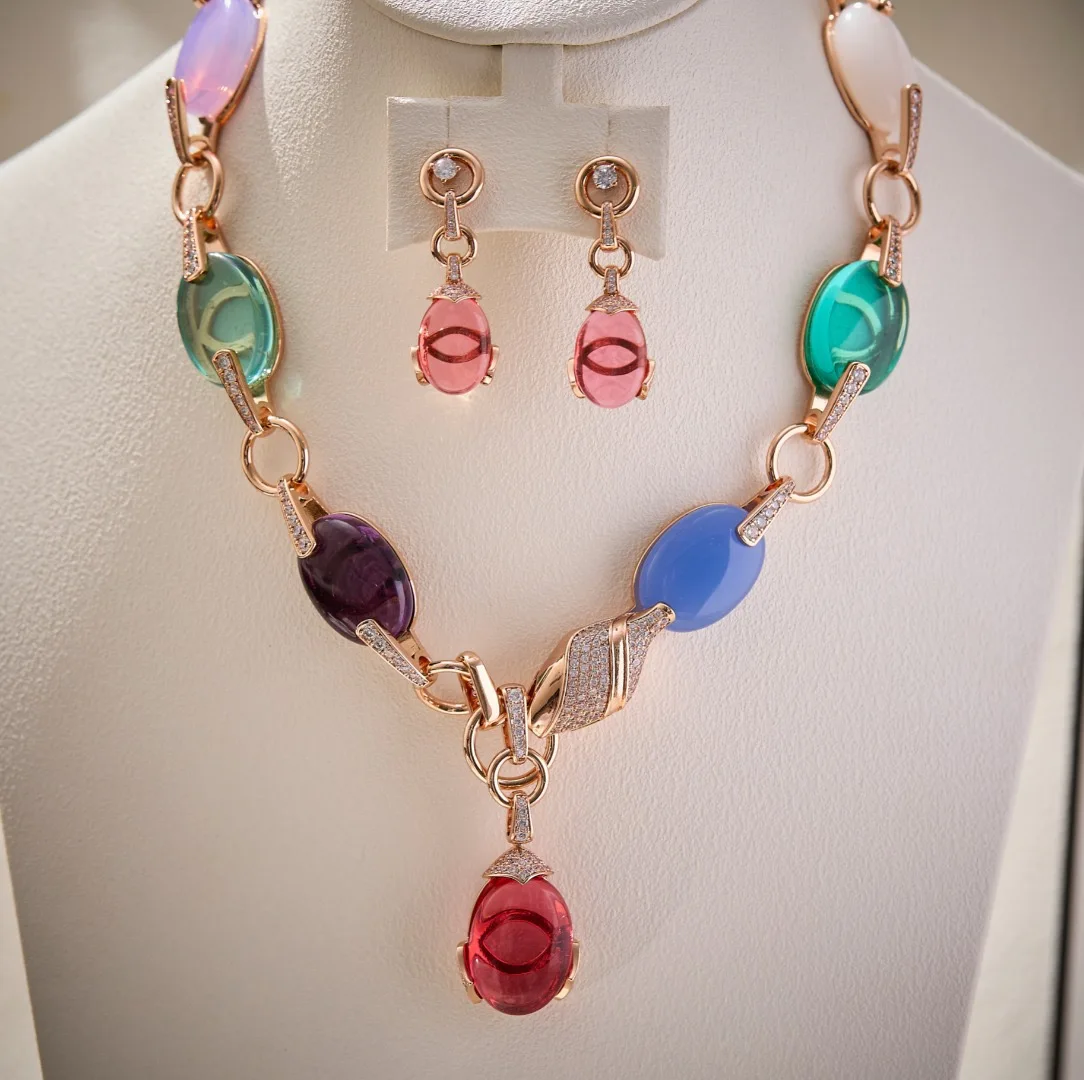 

AY Luxury Fashion Colorful Natural Crystal Zircon Snake Drop Necklace Earrings Jewelry Set For Women Wedding Party Evening Dress