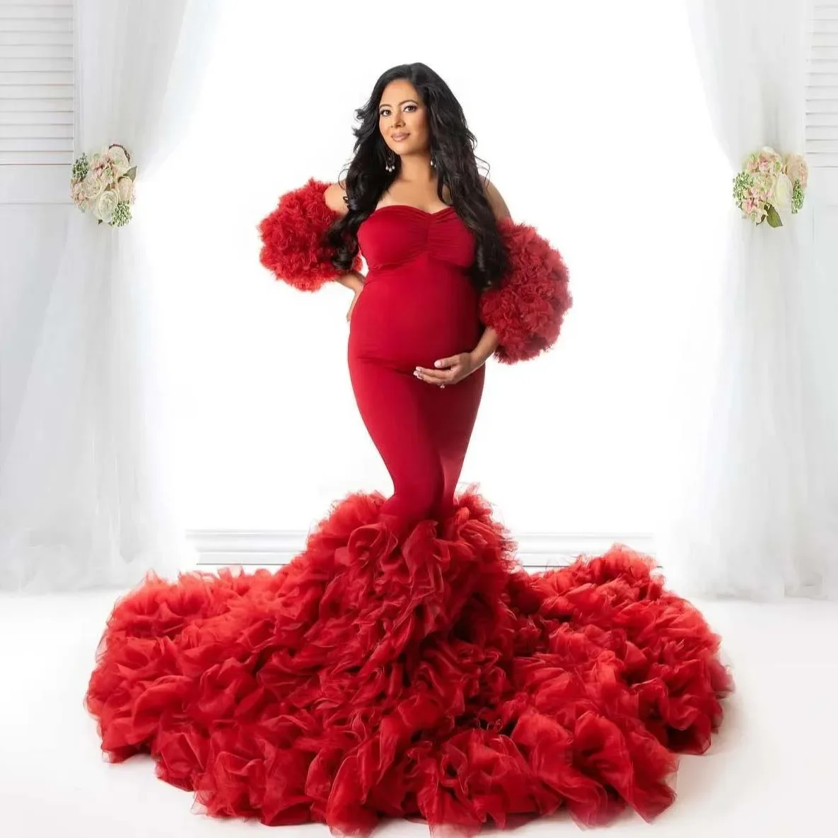 Burgundy Tulle Maternity Drees Long Photoshoot Sweetheart Maxi Gowns Baby Shower Lush Ruffled Sleeves Pregnancy Dresses Mermaid