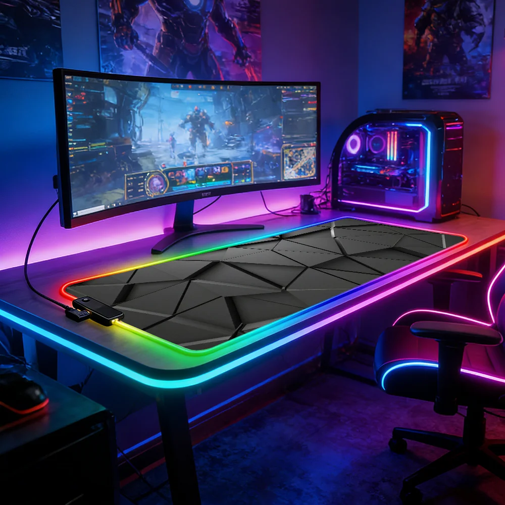 LED Lighting RGB Mouse Pad E-sports Game Keyboard Pad Table Mats Solid Triangle Geometry Mousepad Gamer Laptop Accessories Anime