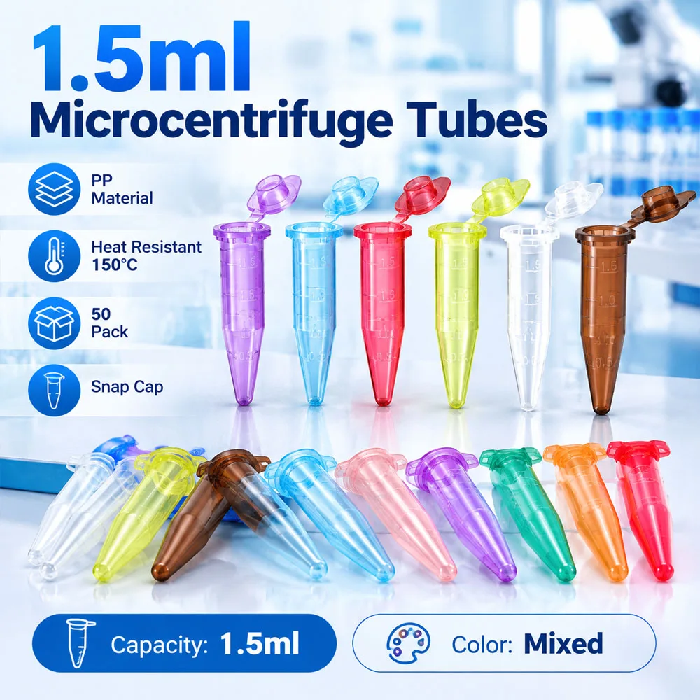 50-200PCS 0.5ml 1.5ml Plastic Centrifuge Tubes with Lids, Disposable Micro Centrifugal Vials for Lab Sample Storage & Experiment