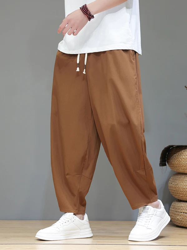 

Мужские летние тонкие прямые свободные брюки-гарланды из ледяного шелка, укороченные брюки-фонарики в китайском стиле, повседневные, свободного кроя, с низкой талией